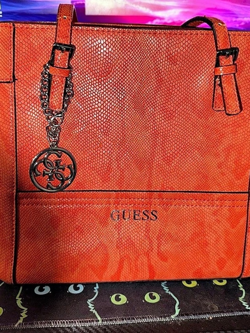 GUESS Orange Tote Bag snakeskin texture